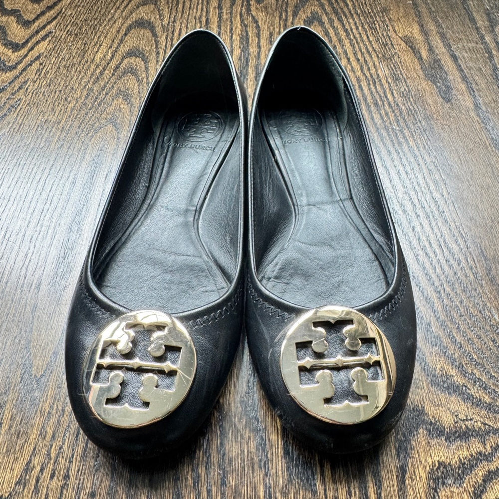Tory Burch Black Leather Flats with Gold Emblem